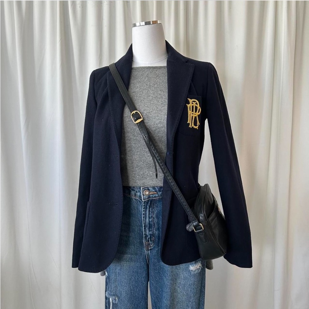 Navy blue Ralph Lauren blazer wool cashmere with gold embroidered monogram. - Picture 4 of 8